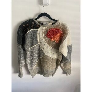 TJW Mervyns 90s Patchwork Sweater Embellished Flowers‎ Knit Size L Women